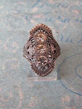 Art Deco 18K Elec Plate Vintage QVC CZ Crystal Design Oblong Ring Size 3.5